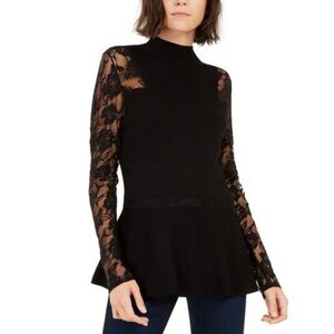 INC International Concepts black peplum sweater with sheer lace sleeves size S